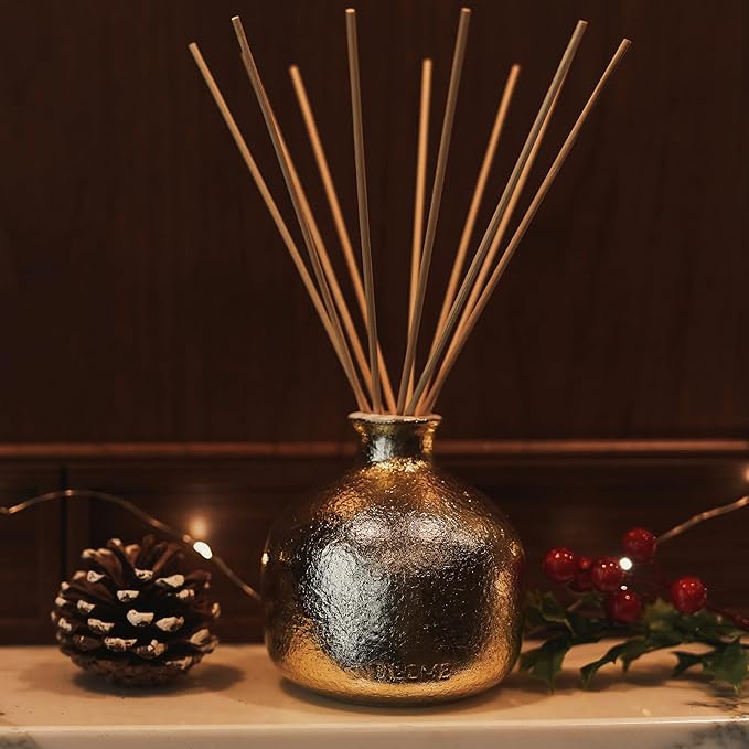 2025 Gold Holiday Diffuser | Joy - Black Plum & Cassis, Refillable, Contains Essential Oil, Sustainable Wellness, Hand Finished, Premium, Luxury Ceramic, Rattan Reeds