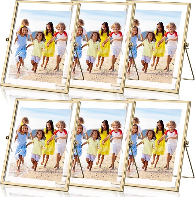 Amyhill Set of 6 Metal Picture Frames Vintage Minimal Ornate Floating Frames 4 x 6 Inches Photo Antique Easel Stand Vertical Glass Holder for Pictures Photos Desk Tabletop Display (Gold)