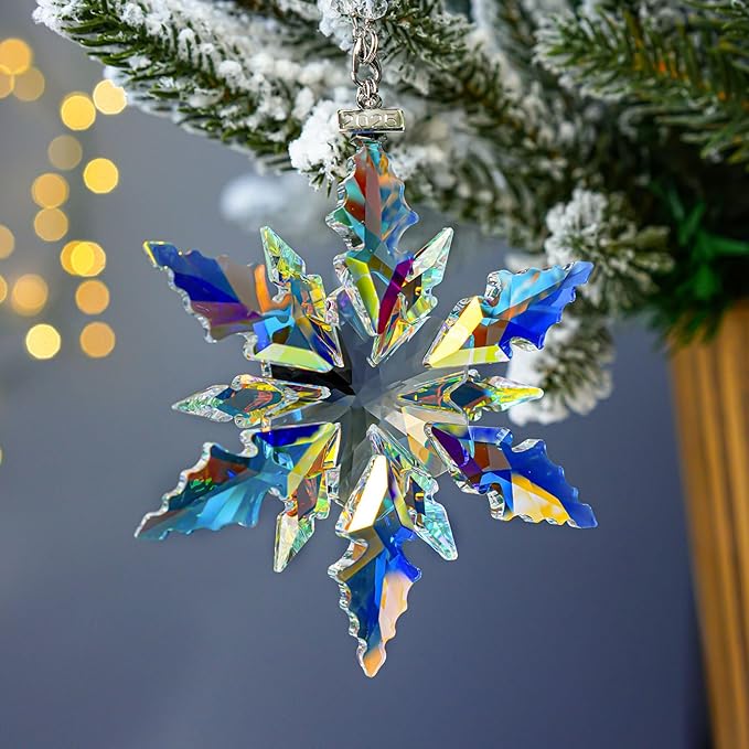 2025 Colorful Christmas Ornaments Crystal Glass Snowflake Star for Christmas Tree Ornaments Hanging Crystal Sun Catcher Pendant Home Decor
