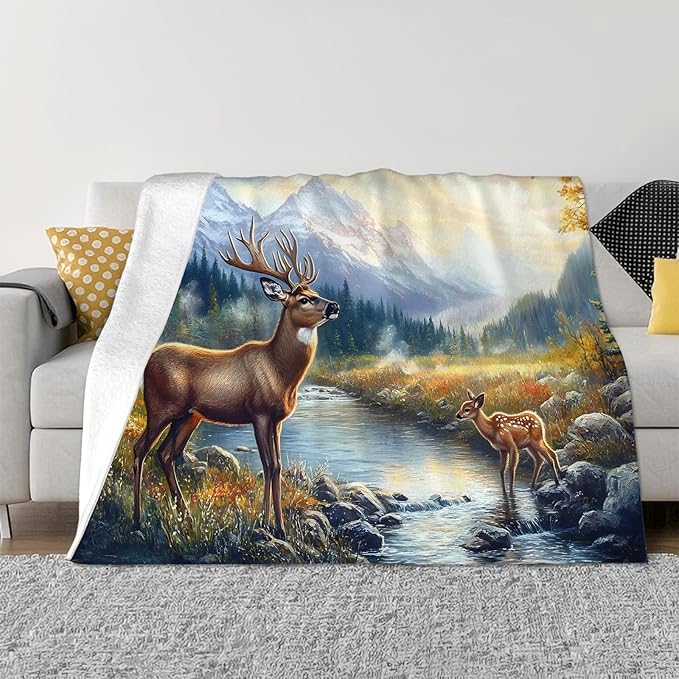 Tijuboni Elk Deer Throw Blanket Mountain Cabin Gifts for Women Men Girls Boys Kids Adults Soft Flannel Fleece Blanket for Couch Sofa Bed Home Decor 60"x80"
