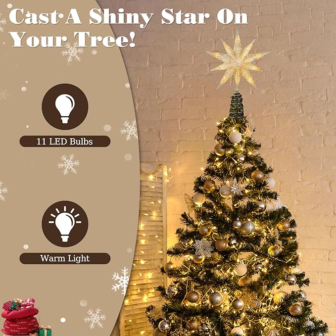 Lewondr Christmas Tree Topper Star, 13inch 10-Point Light Up Xmas Star Treetop with Plug and Remote Control for Home Christmas Decoration, 6H Timer & 8 Lighting Modes, Warm Light, Silver