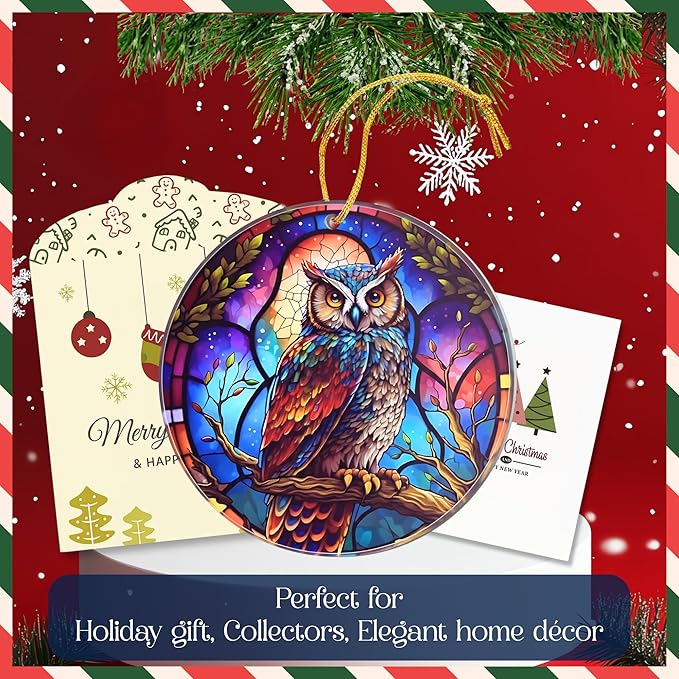 Moonlit Owl Christmas Ornament – Stained Glass Owl Acrylic Tree Decoration – Dated Holiday Decor for Navidad 2025 – Colorful Night Bird Ornament – Christmas Ornaments Clearance