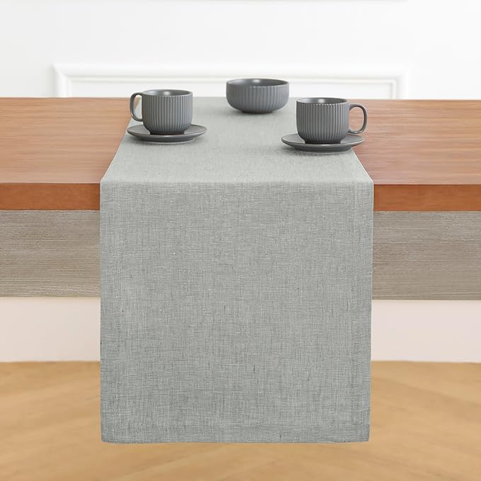Solino Home Linen Table Runner 72 Inches Long - Athena, 100% Pure Linen Chambray Grey Table Runner 14 x 72 Inch for Dining