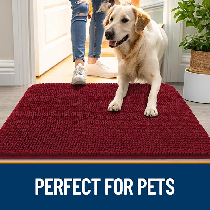 OLANLY Dog Door Mat for Muddy Paws 54x24, Absorbs Moisture and Dirt, Absorbent Non-Slip Washable Doormat, Quick Dry Chenille Mud Mat for Dogs, Entry Indoor Entryway Carpet for Inside Floor, Red
