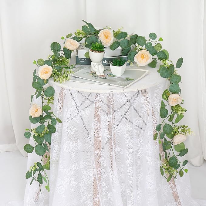 TOCHGREEN 2 Pack 12Ft Artificial Eucalyptus Flower Garland with Champagne Roses, Fake Rose Flower Greenery Garland Floral Vines for Wedding Home Party Table Runner Decor (2PCS, Champagne)