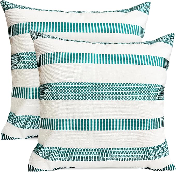 Decorative Throw Pillow Covers Set of 2 Teal Blue Boho Striped Pillow Covers 16x16 Inch Throw Pillow Cover Linen Pillowcase Farmhouse Outdoor Pillow Covers for Couch Sofa Bed Living Room