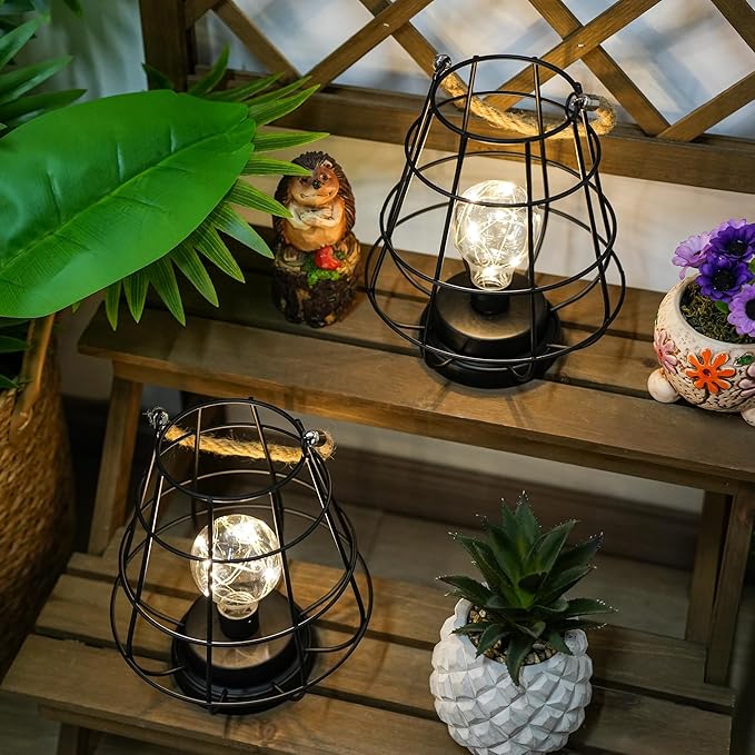JHY DESIGN Set of 2 Cage Bulb Lantern Decorative Table Lamps 8.5" H Battery Powered Cordless Lights with Warm White Fairy Lights LED Edison Bulb Lamp for Living Room Bedroom Home Wedding(Black)