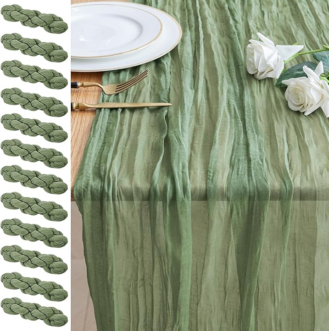 12PCS Table Runner Cheesecloth 10FT Sage Green Boho Gauze Cheese Cloth Rustic Sheer Table Runners for Wedding Bridal Baby Shower Party Decoration