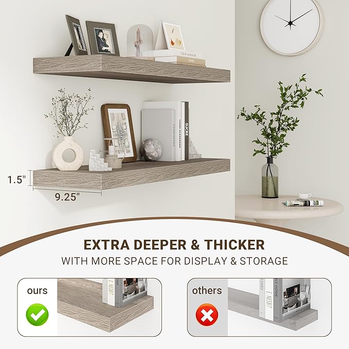 24 Inch Floating Shelves, 3D Textured Wood Grain, 24"x9.25"x1.5" Inch Deep Floating Shelves for Wall, Wooden Shelves for Bathroom, Bedroom, Living Room, Vintage Gray Oak, 2 Pieces