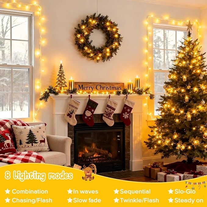 JMEXSUSS 2 Pack 100 LED Warm White Christmas Lights Indoor, Connectable 33ft Warm White String Lights Outdoor Waterproof, 8 Modes Christmas Tree Lights Plug in for Xmas Bedroom Yard Party Decorations