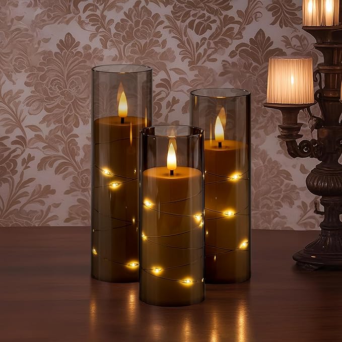 18 Pack Flameless Battery Operated LED Candles with Remote and Timer, Flickering Candles with Embedded Star String for Romantic Ambiance and Home Decoration, Stable Acrylic Shell (Grey)