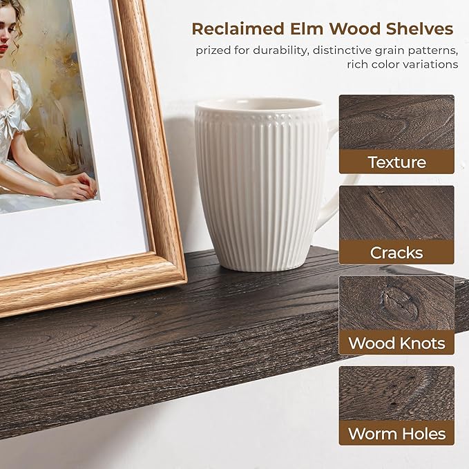 Axeman Floating Shelves for Wall, 8 Inch Deep Rustic Solid Elm Wood Wall Shelves for Storage, Wall Mounted Display Shelving with Invisible Heavy-Duty Metal Bracket, 36'' Width Set of 2, Walnut