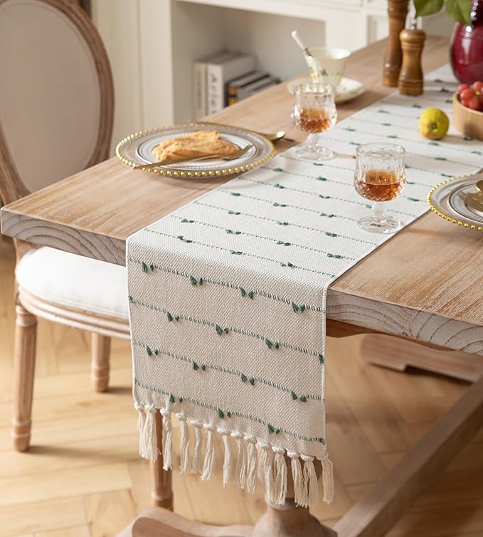 Caflife Boho Table Runner 90 Inchs Long for Modern Farmhouse Room Home Decor, Green and Beige Coffee Table Runner, Natural Cotton Woven with Tassels Neutral, for Kitchen Dining Table Decor