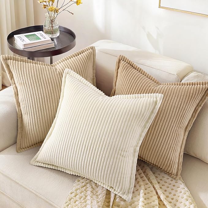 decorUhome Corduroy Beige Throw Pillow Covers 24x24 Set of 2 Decorative Soft Boho Farmhouse Euro Couch Pillow Covers for Living Room Bed Sofa Broadside Striped Pillow Cases