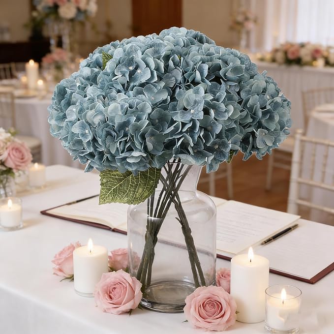 Kimura's Cabin 2Bouquets Fake Hydrangea Flowers Vintage Artificial Silk Hydrangeas Flower 10Heads Faux Floral for Home Table Centerpieces Wedding Party Decoration(Sky Blue