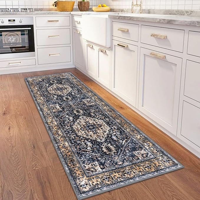 KOZYFLY Runners for Hallways 2x6 Ft Washable Kitchen Runner Rug Boho Runner Rug for Entryway Indoor Gold Navy Printed Oriental Faux Wool Floor Carpet Runner for Bedroom Kitchen Hall