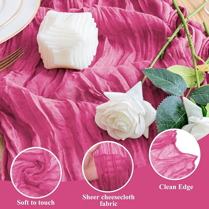 Wokceer Cheesecloth Table Runner 12Pack 10FT Deep Pink Boho Gauze Cheese Cloth Table Runner for Party Long Rustic Sheer Table Runners for Baby Bridal Shower Wedding Easter Table Decor