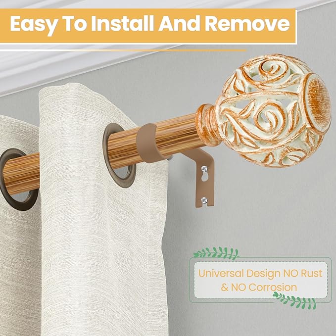 1 Inch Wood Curtain Rod For Windows 66 to 120 Inches, Heavy-Duty Adjustable Decorative Imitation Wood Grain Boho Curtain Rod With Rattan Leaf Hollow Finials For Bedroom 、 Living Room and Famhouse