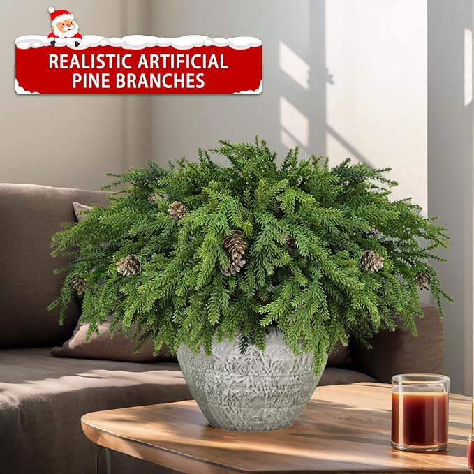 12 Pcs Christmas Greenery Stems with Pinecones Soft Bendable Naturally Droop Realistic Artificial Pine Stems Christmas Pine Branches Picks Faux Cedar Stems for Vase Garland Wreath Table Home Decor(12)