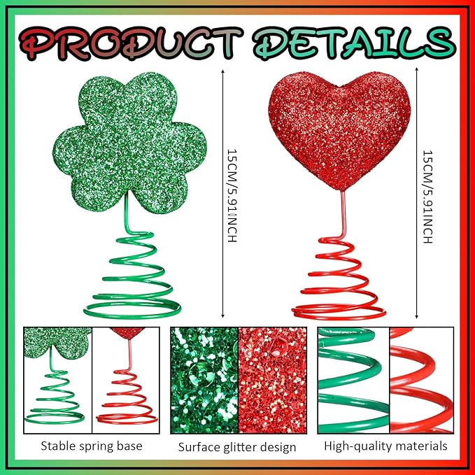 2 Pcs Valentine's Day Heart St Patrick's Day Mini Glitter Tree Topper, Romantic Heart Shamrock Metal Glitter Ornament Decorations for Valentines St Patrick's Irish Holiday Party