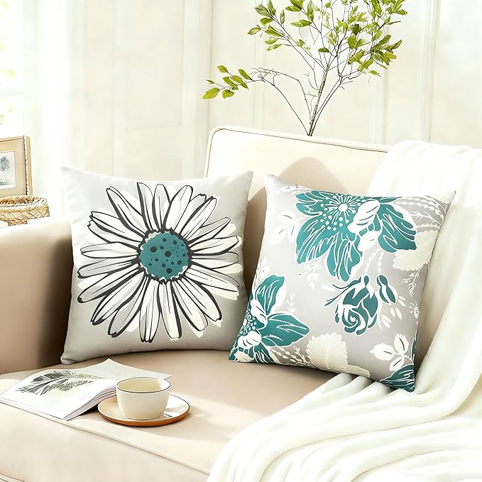 Decorative Throw Pillow Covers Set of 4 Green Pillow Covers 18x18 inch Farmhouse Throw Pillow Cover Linen Square Pillowcase Cushion Cases, Boho Pillow Covers for Couch Sofa Outdoor Home