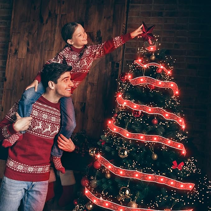 Christmas Decorations, 2.5Inch x 33Ft 100 Led Christmas Tree Ribbon Lights with Remote Control, Battery Operated & USB Powered 8 Lighting Modes Fairy String Lights with Timer for Xmas Decor