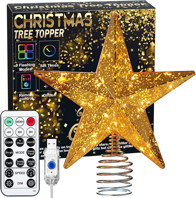 Gold Christmas Tree Star Topper with Lights, 8.5-Inch Light-Up Christmas Tree Topper with Remote Control, 4 Brightness Levels & 8 Light Modes, Faux Mercury Glitter Design with 20 Lights