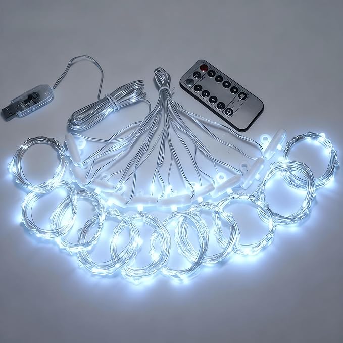 Cool White LED Curtain Lights, 300 LEDs 10 Strands with Remote Control, 8 Modes Timer USB Powered, Hanging String Lights for Bedroom Wedding Christmas Party Window Decor