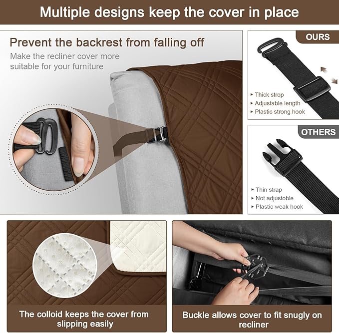 TAOCOCO 100% Waterproof Recliner Chair Covers, Non Slip Recliner Covers for Recliner Chair with Pocket, Washable Reclining Chair Cover Furniture Protector for Kids,Dogs(25'', Brown)