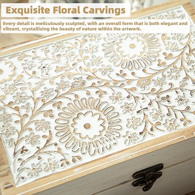 Set of 3 Decorative Wooden Boxes, Rustic Farmhouse Keepsake Box Decorative Boxes with Hinged Lid and Floral Carved Design, Wood Storage Box for Home Decor, White