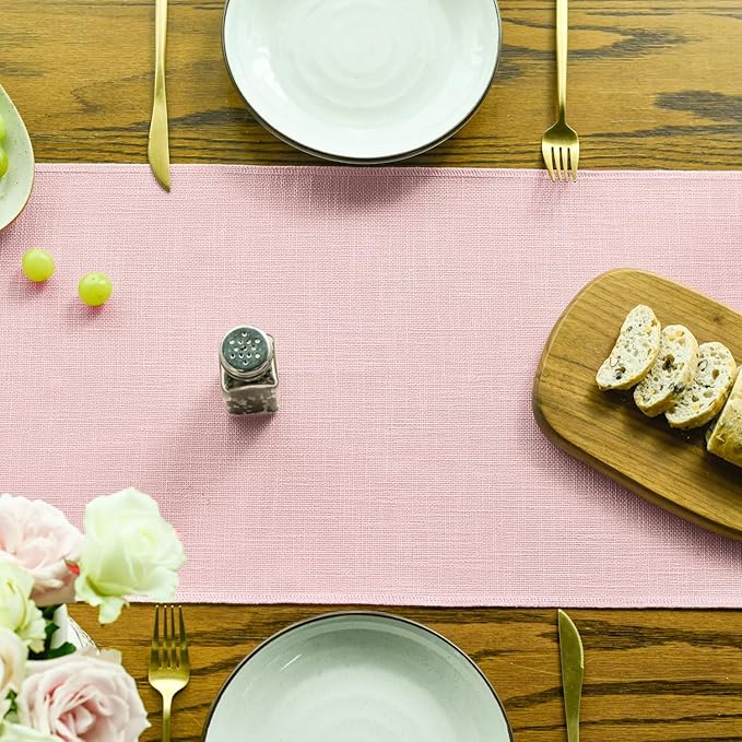 Artoid Mode Blush Pink Tassel Table Runner, Linen Blend Rustic Farmhouse Style Kitchen Table Decoration Holiday Wedding Party Dinning Decor 13x90 Inch