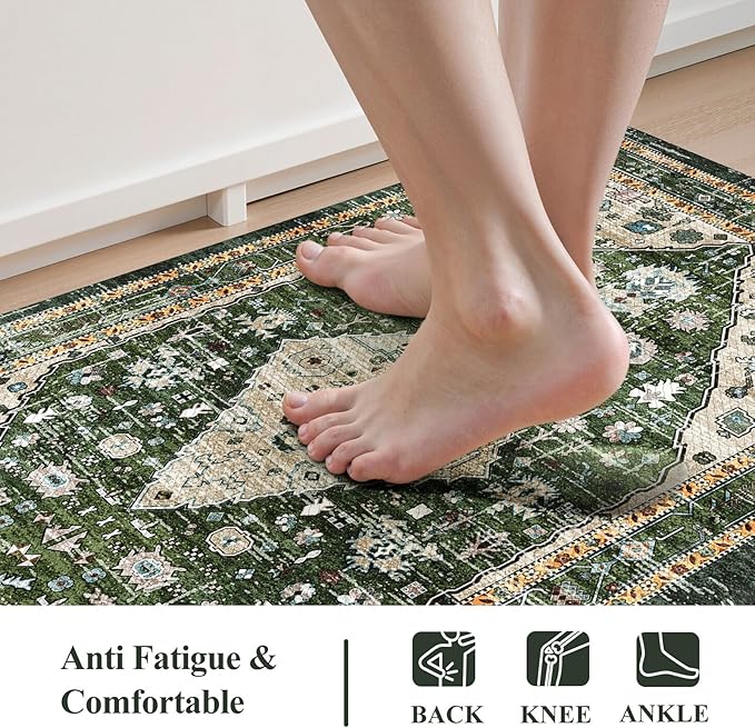 Collive Boho Kitchen Mats for Floor, Cushioned Anti Fatigue Kitchen Rug Set of 2, Non-Skid Waterproof Sink Rugs Comfort Standing Mat for Laundry, Office, Desk, Green