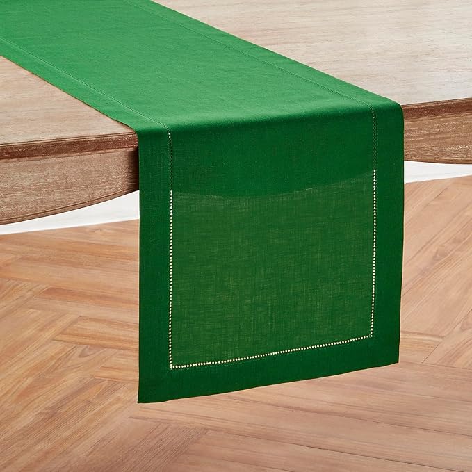 Solino Home Linen Garden Green Table Runner 90 Inches Long - 100% Pure Linen Hemstitch 14 x 90 Inch Table Runner for Dining, Winter, St Patricks Day, Easter - Classic Hemstitch