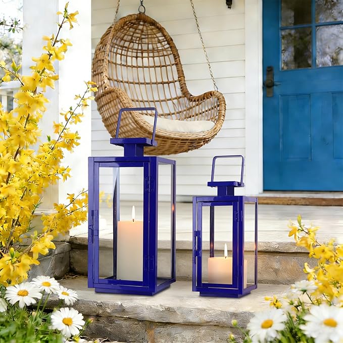 DECORKEY Christmas Lanterns Decorative Outdoor&Indoor, 17''&13'' Set of 2 Xmas Blue Lanterns Decorations for Home, Modern Hanging/Tabletop Candle Holders for Christmas Front Door Porch Patio Decor