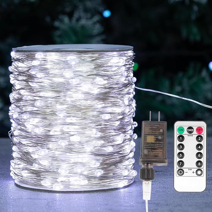Fairy Lights Plug in,400FT 1200LEDs Waterproof Led String Lights,8 Modes Remote Twinkle Light for Outdoor Indoor Christmas Wedding Birthday Garden Party Decorations,Silver Wire,Cool White