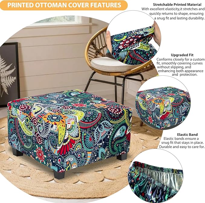 Ottoman Cover Square Slipcovers Printed,Stretch Footrest Stool Cover for Ottoman Square,Soft Foot Stool Cover Protector with Nonslip Elastic Bottom (Medium,Navy&Green)