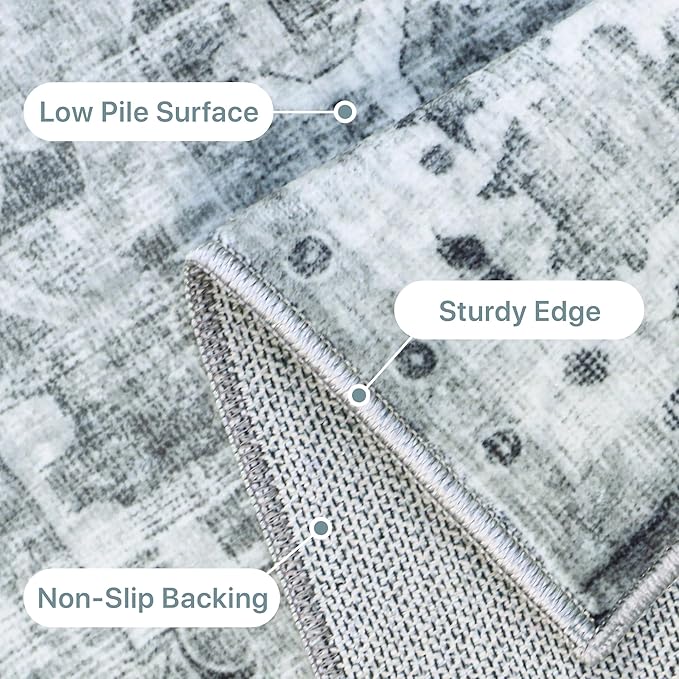 GENIMO Machine Washable 8x10 Area Rugs for Living Room, Non Slip Vintage Rugs, Low Pile Lightweight Chenille Print Rug for Bedroom, Dining Room, Home Office, Blue Gray