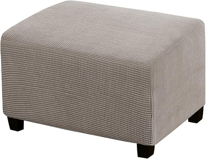 Stretch Ottoman Cover Ottoman Slipcovers Rectangle for Living Room Foot Stool Stretch Covers to Fit Ottoman Foot Rest, Thick Checked Jacquard Fabric with Elastic Bottom (Standard Size, Taupe)