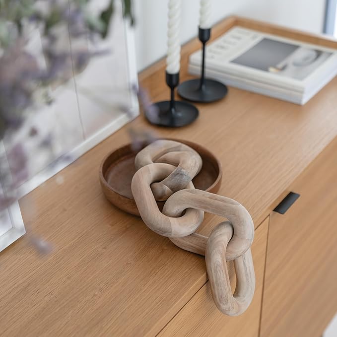 Book Shelf Decor Items - Acacia Wood Chain Link Decor, Coffee Table Accessories, Bookshelf Decors, Sculpture for Shelves, Wooden Decorative Objects, Link Ornament, Living Room Accents