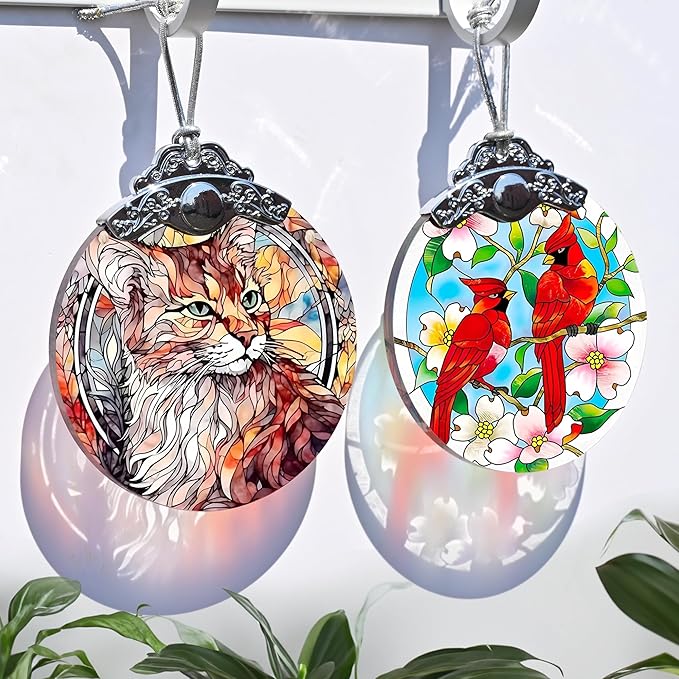 Stained Glass Christmas Ornament, Jocidea Cat Christmas Decorations, Christmas Tree Ornament, Cat Lovers Gifts, Holiday Decor and Xmas Gifts Ideas