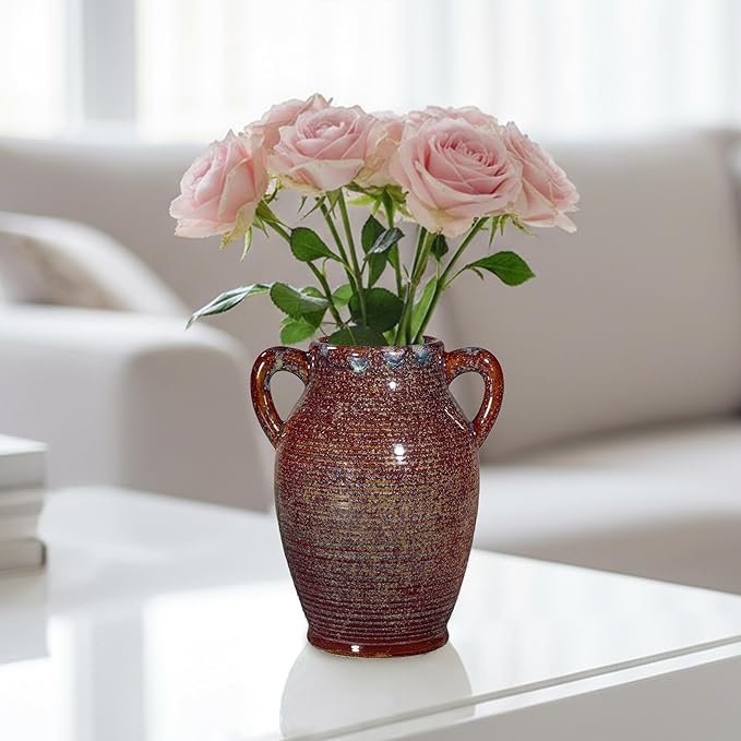 Sunddo Brown Ceramic Vase 8 Inch - Rustic Decorative Flower Vase with 2 Handles, Farmhouse Decor, Bedroom, Bathroom, Bookshelf, Mantel, Living Room Decor