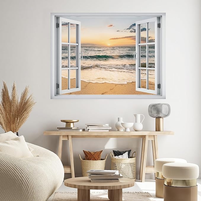SIGNWIN Removable Wall Sticker/Wall Mural Window Golden Hour Over Waves and Sandy Shore Photography Realism Decorative Landscape Digital Art for Living Room, Bedroom, Office - 36"x48"