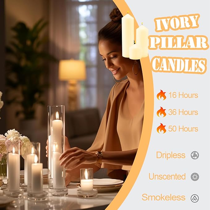 72 Pack Ivory Pillar Candles Bulk Set, 2x3 2x6 2x8 Inch - 24 Each Size, Dripless Smokeless Clean Burning for Wedding Centerpieces, Home Decor, Church, Romantic Ambiance！