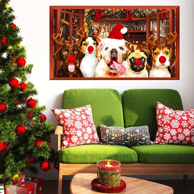 Christmas Dog Wall Decor 3D Xmas Fake Window Wall Decals Mural Merry Christmas Puppy Dog Wall Stickers Winter Holiday Faux Window Decal Party Decorations Cute Funny Dogs Decals Party Supplies