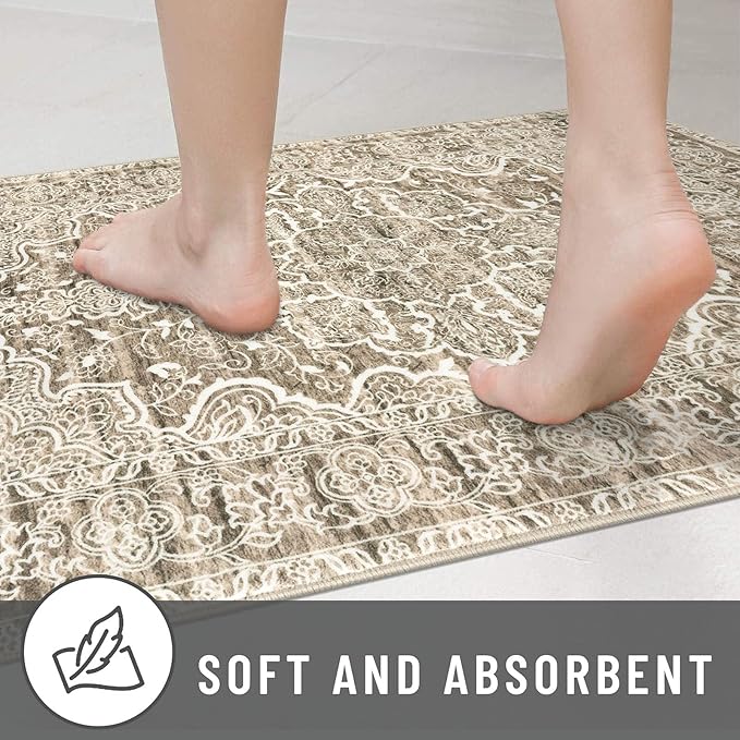 KUTA Runners for Hallways 2x6 Beige Brown, Vintage Floral Kitchen Rugs Non-Slip Washable Runner Ultra Soft Printed Retro Distressed Entryway Carpet for Bedroom Laundry Nursery