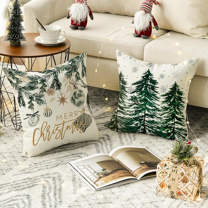 AVOIN colorlife Merry Christmas Trees Snowflake Throw Pillow Covers, 20 x 20 Inch Joy Xmas Balls Winter Holiday Cushion Case Decoration for Sofa Couch Set of 4