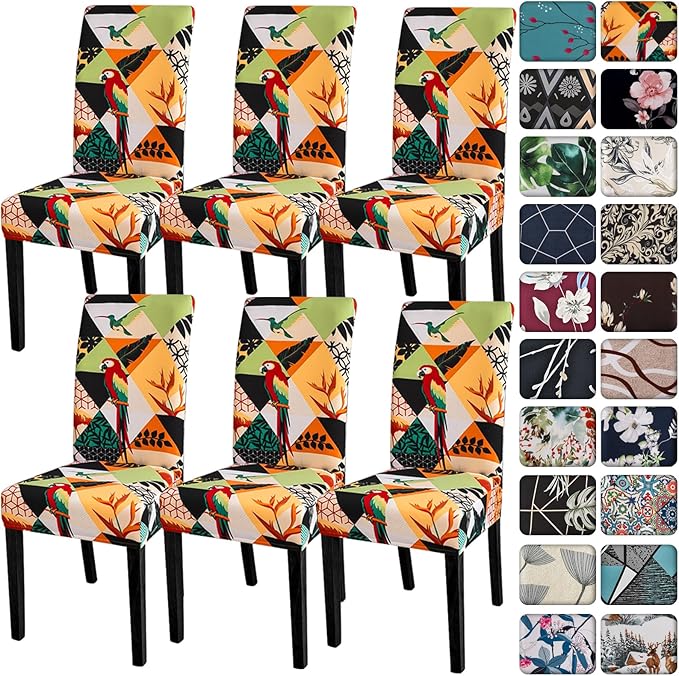 Senllori Dining Room Chair Covers Set of 6,Printed Pattern Parsons Chair Slipcovers Removable Washable Kitchen Seat Dining Chairs Protector Cover for Home or Party