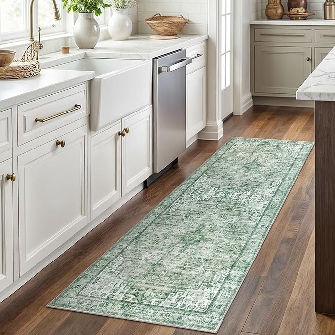 2x6 Runner for Hallways, Sage Green Non-Slip Printed Washable Kitchen Runner, Vintage Boho Rug with Non-Shedding, Soft Medallion Floor Carpet for Laundry Bedroom Entryway