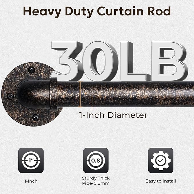 Zeerobee Curtain Rods for Windows 48 to 84, 1 Inch Industrial Wrap Around Vintage Bronze Curtain Rod, Indoor/Outdoor Room Divider Adjustable Drapery Pole, 48"-86"