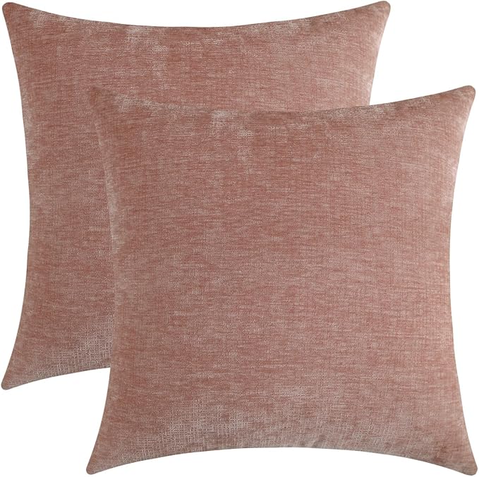 Blush Pink Chenille Decorative Couch Throw Pillow Covers, Soft Cushion Cases for Home Livingroom Sofa Décor, Pack of 2, 20 x 20 Inches